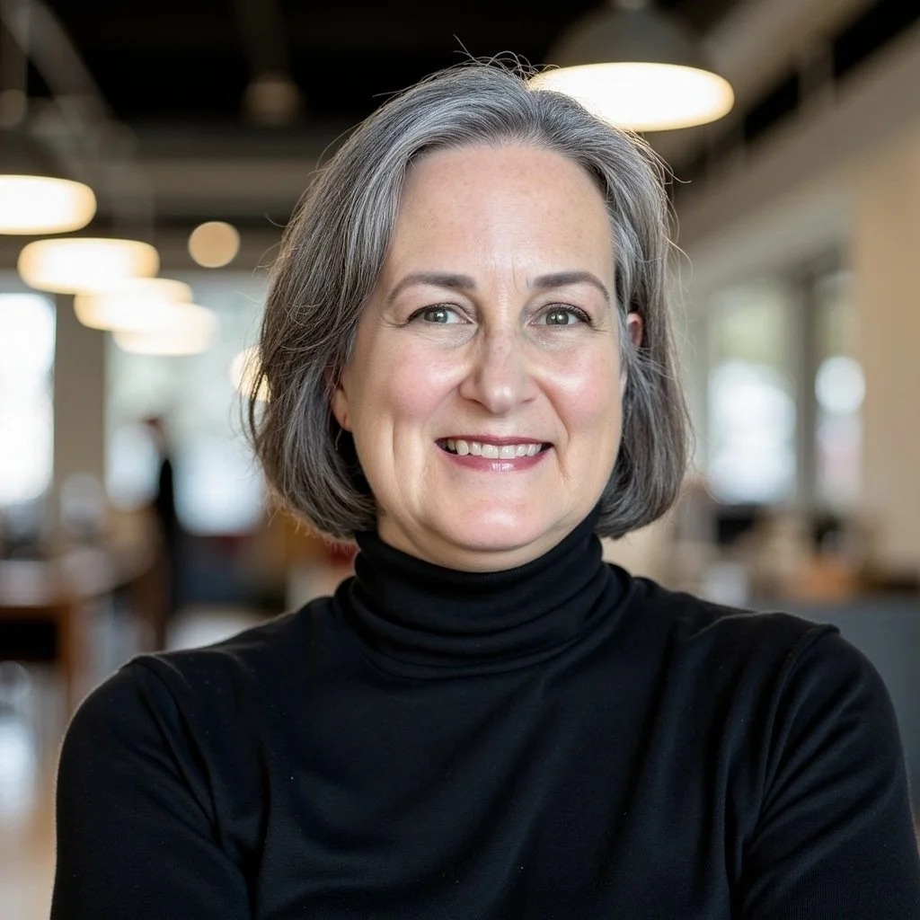 A woman with short gray hair, wearing a black turtleneck, smiling in a well-lit indoor space with blurred background and round ceiling lights.