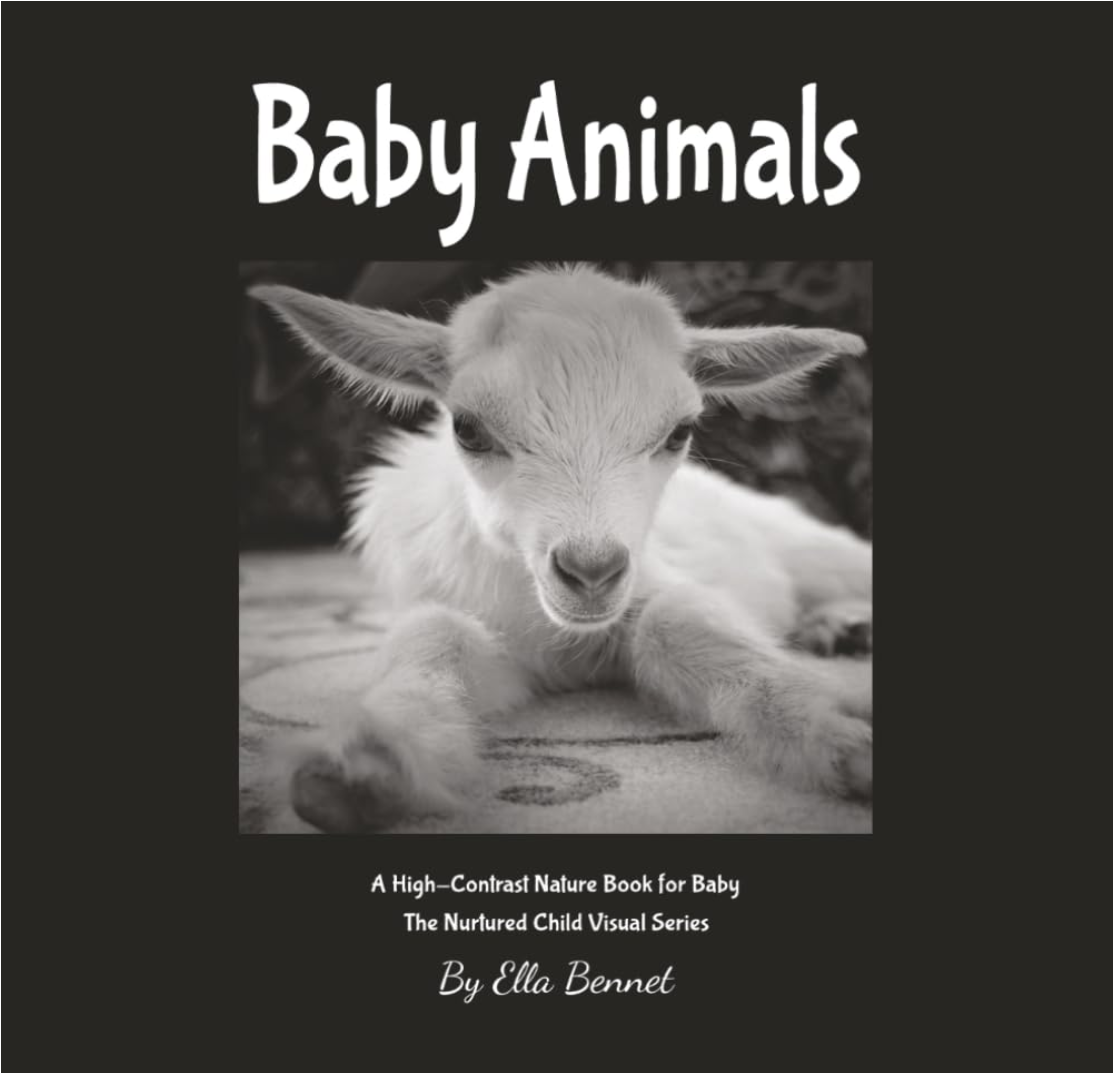 A black-and-white cover of a children's book titled "Baby Animals" featuring a baby goat lying down, looking at the camera.