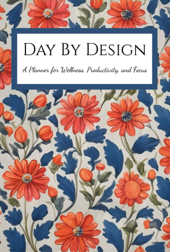 Cover of a planner titled 'Day By Design' with a floral design background featuring orange flowers and blue leaves.