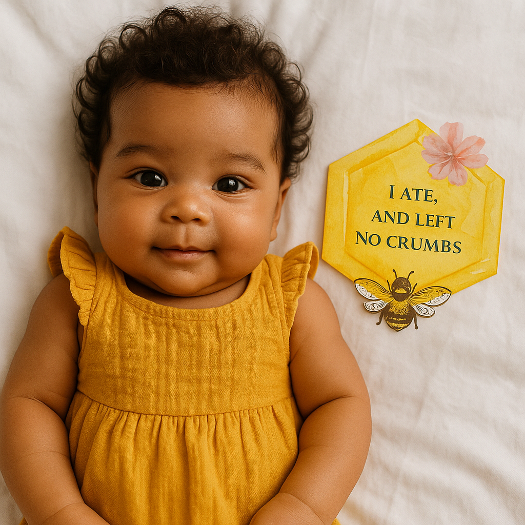 A smiling baby laying on a white surface next to a decorative card with a bee illustration. The card has a yellow honeycomb shape with a pink flower, and the text 'I LATE, AND LEFT NO CRUMBS.'