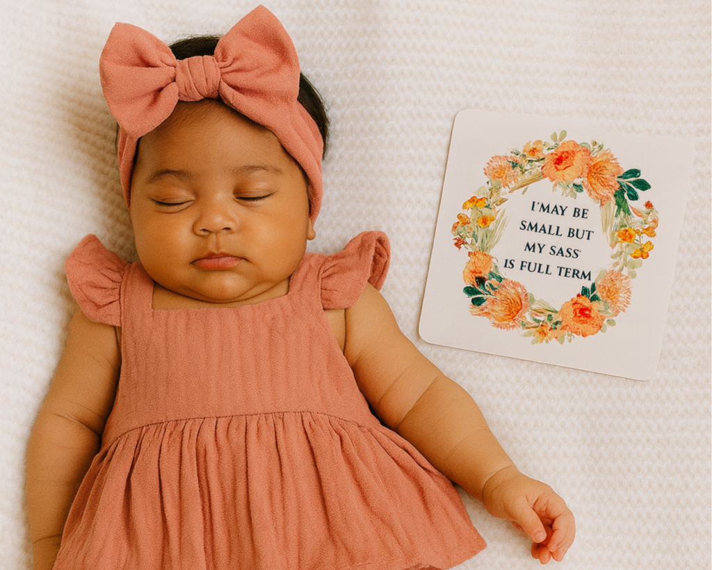 A sleeping baby girl with a pink headband and dress lying on a white textured blanket next to a card with orange and yellow floral wreath and the quote, 'I may be small but my sass is full term.'