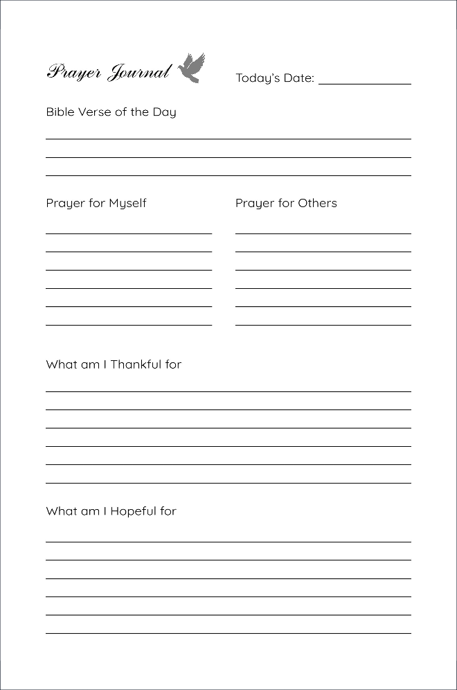 A prayer journal page with sections for today's date, Bible verse of the day, prayer for myself, prayer for others, what I am thankful for, and what I am hopeful for. The page features a small dove graphic at the top.