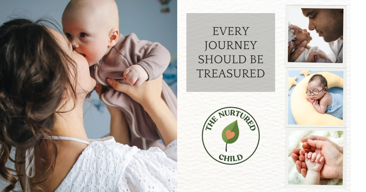 A woman holding a baby up and kissing its forehead, with other smaller pictures of a father with a newborn, a sleeping child with glasses, and two hands holding each other, alongside text saying "Every journey should be treasured" and a logo that says "The Nurtured Child" with a leaf and heart symbol.