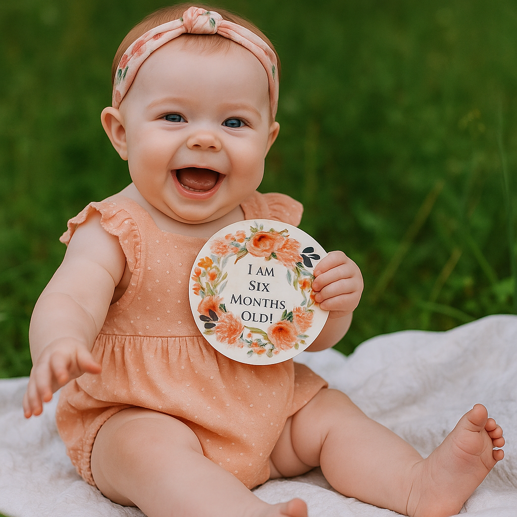 A happy baby girl with a headband, sitting outdoors on a blanket, holding a floral sign that reads "I am six months old!"