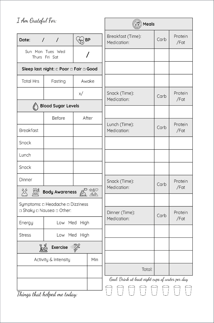 A health and wellness tracking sheet including sections for blood pressure, sleep, blood sugar, body awareness, exercise, meals, and water intake, with spaces to record data daily.