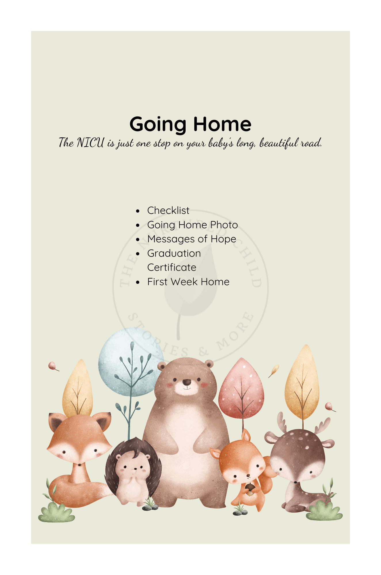 Baby's Going Home Checklist with cute woodland animals at the bottom.