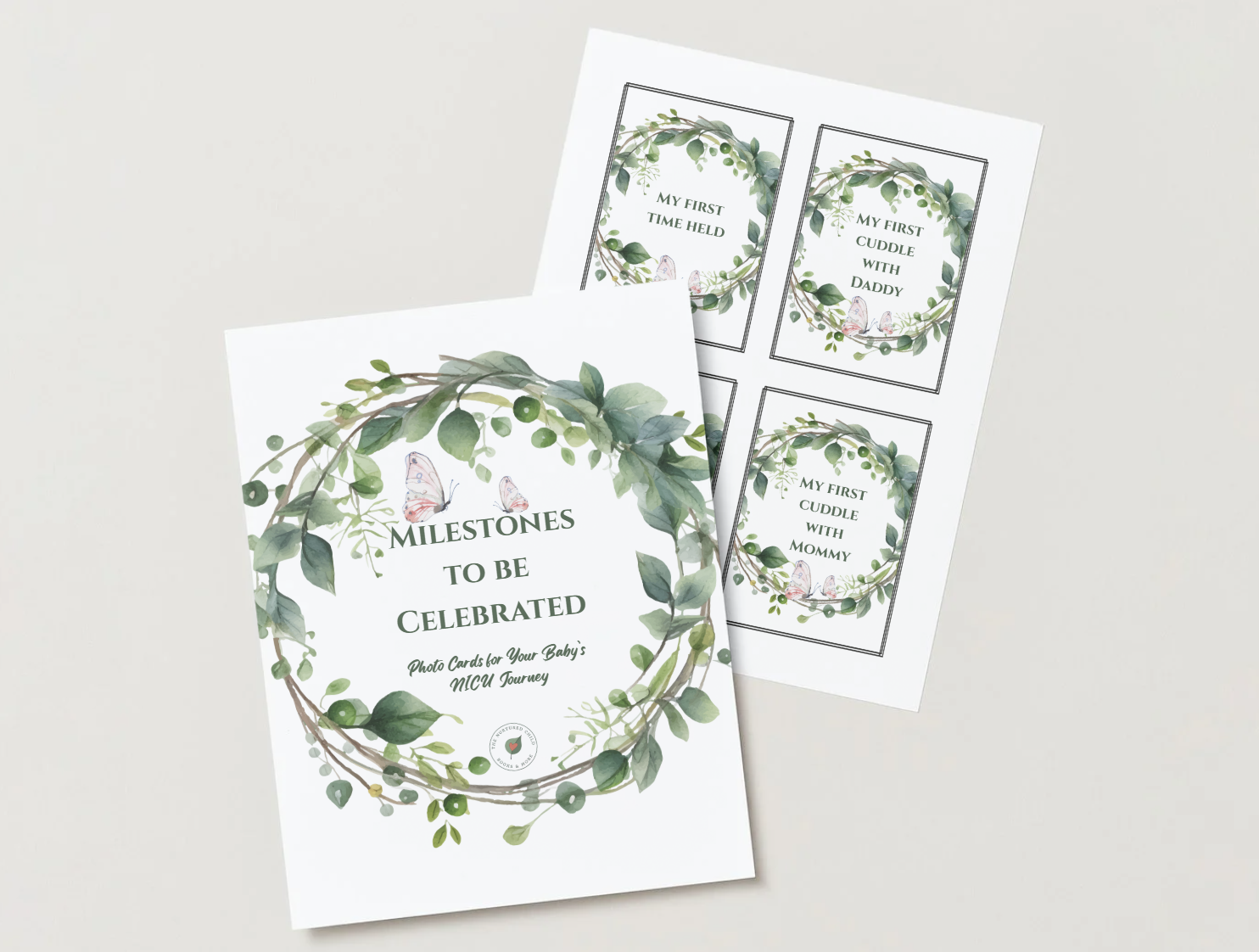 Set of milestone photo cards for a baby's NICU journey with botanical wreath and butterfly illustrations.
