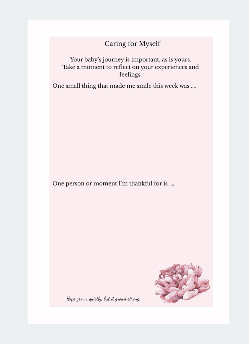 A pink and white motivational quote card titled 'Caring for Myself.' It includes reflections on personal growth, gratitude, and self-care, with a pink flower in the bottom right corner and a soft pink background.