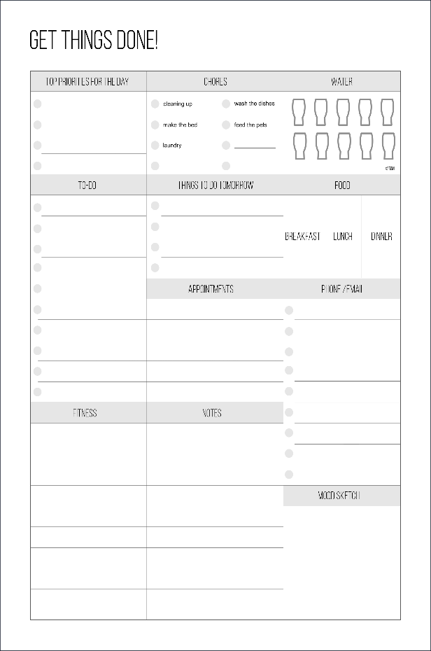 A daily task and meal planner with sections for top priorities, chores, water intake, to-do list, things to do tomorrow, food, appointments, phone/email, fitness, notes, and mood/skin clip, all in a clean, minimalistic layout.