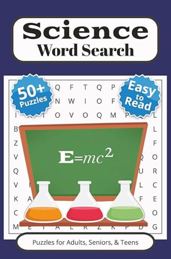 Cover of a science word search puzzle book featuring the equation E=mc^2 and three laboratory flasks with colored liquids, highlighting 50+ puzzles and easy-to-read design.