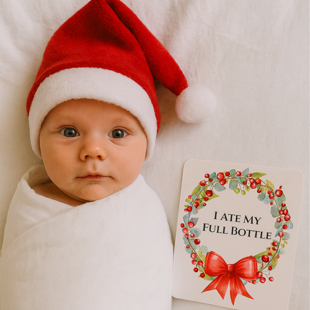 A baby wearing a red Santa hat and wrapped in a white blanket lies on a light-colored surface, next to a card with a Christmas wreath design and the text "I ate my full bottle."
