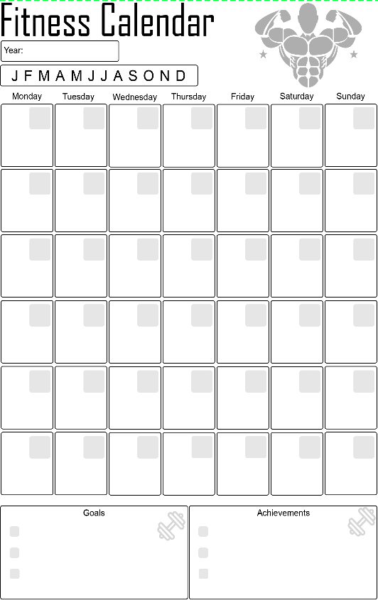 A fitness calendar template with a header, year input, month abbreviations from January to December, days of the week, empty boxes for daily workouts, and sections for goals and achievements, featuring a muscular athlete illustration in the top right corner.