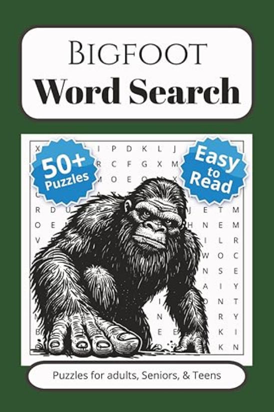 Bigfoot word search puzzle book cover featuring an illustration of Bigfoot and indicating over 50 puzzles, easy to read.