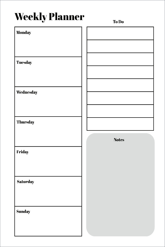 A weekly planner page with sections for each day of the week, a to-do list, and notes area.