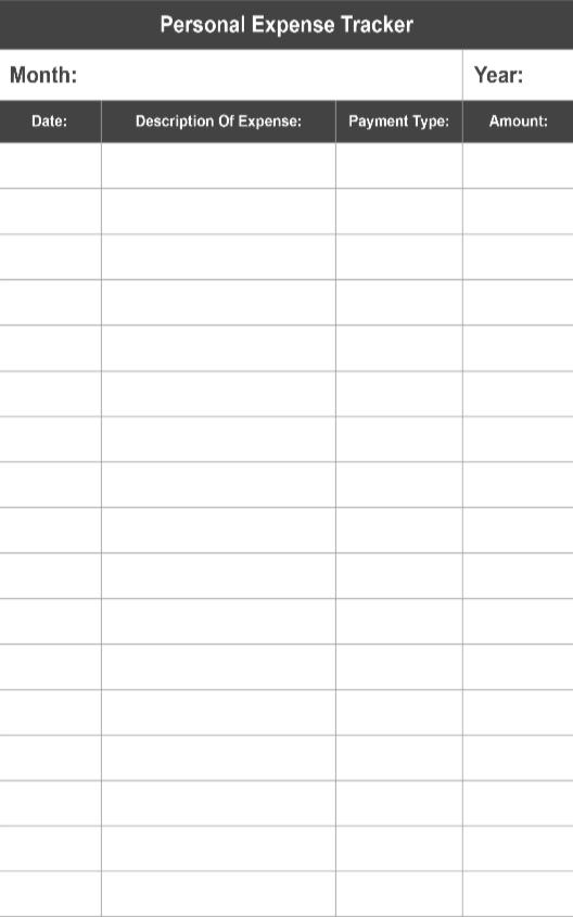 A blank personal expense tracker template with columns for date, description of expense, payment type, amount, and broader details for month and year.
