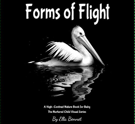 Book cover titled 'Forms of Flight' featuring a high-contrast black and white photograph of a pelican on water.