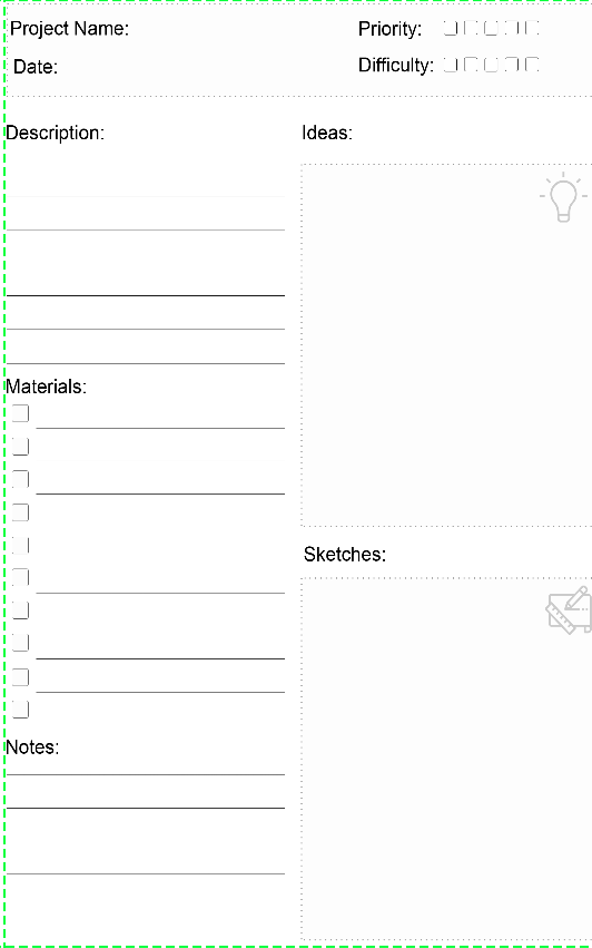 A design template for a project planning sheet, including sections for project name, priority, date, difficulty, description, ideas, materials, sketches, notes, and icons for ideas and sketches.