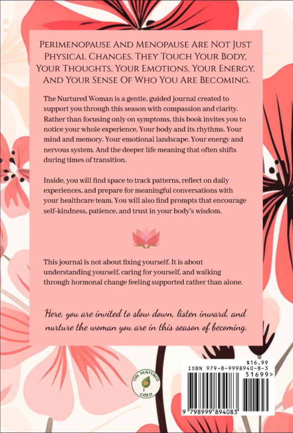 Pink journal page with black and red floral background and quote about menopause and self-care.