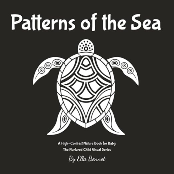Book cover titled 'Patterns of the Sea' featuring a white, stylized sea turtle with intricate geometric patterns on a black background.