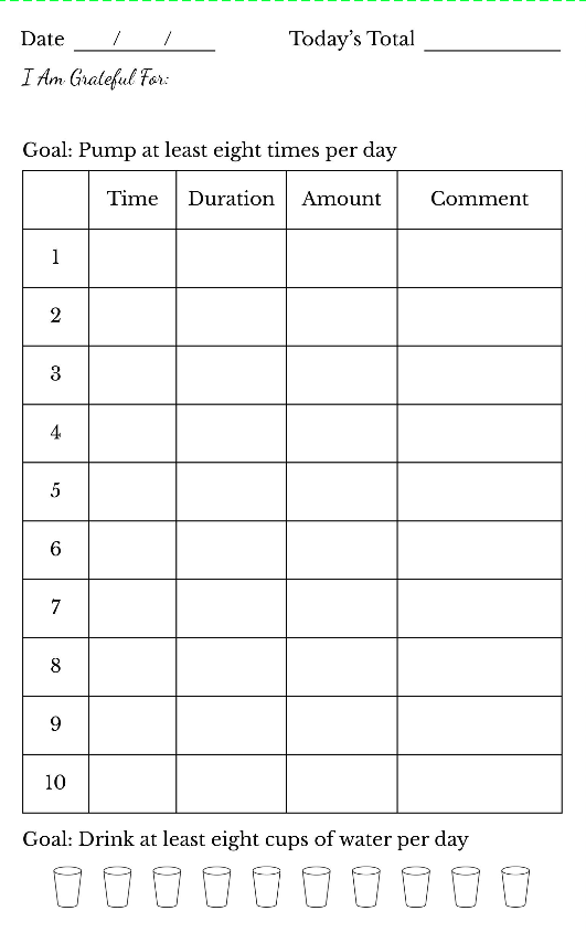 A blank tracking sheet with columns for time, duration, amount, and comments, and numbered rows for recording data. The sheet has goals for drinking eight cups of water daily and pumping at least eight times per day. There are small illustrations of glasses at the bottom, representing water cups.