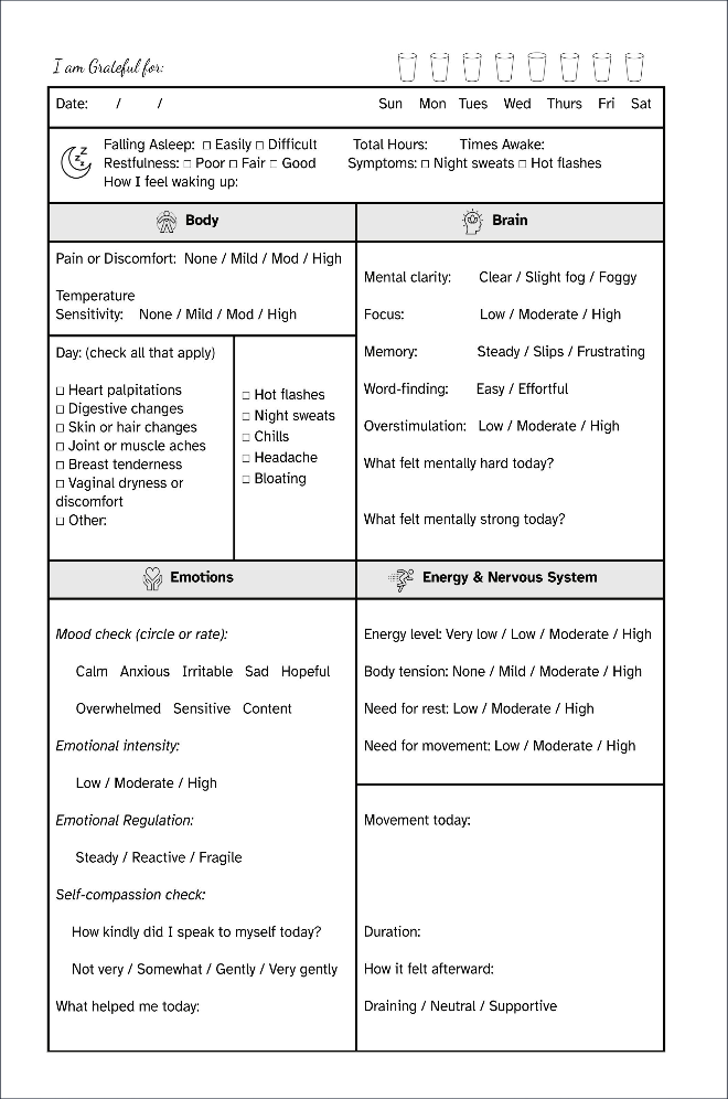 A daily health journal template with sections for recording sleep, symptoms, feelings, and physical and mental health observations.