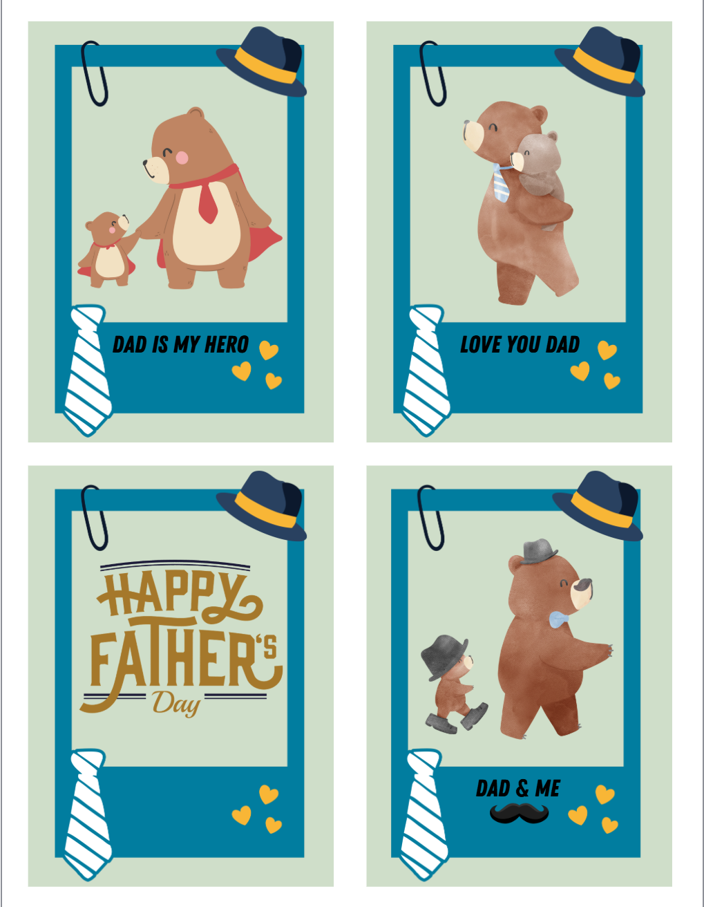 Collection of four Father's Day cards featuring cartoon bears, hats, ties, and hearts with messages like "Dad is my hero," "Love you Dad," "Happy Father's Day," and "Dad & Me."