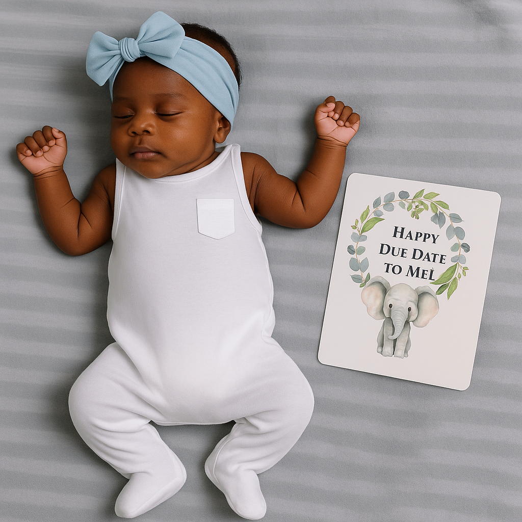 A sleeping baby girl wearing a white onesie, blue headband with a bow, lying on a gray surface next to a card that says, 'HAPPY DUE DATE TO ME!' with an illustration of an elephant surrounded by a leafy wreath.