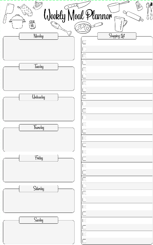 A weekly meal planner template with sections for each day of the week and a shopping list. The top features illustrations of kitchen utensils and food items.