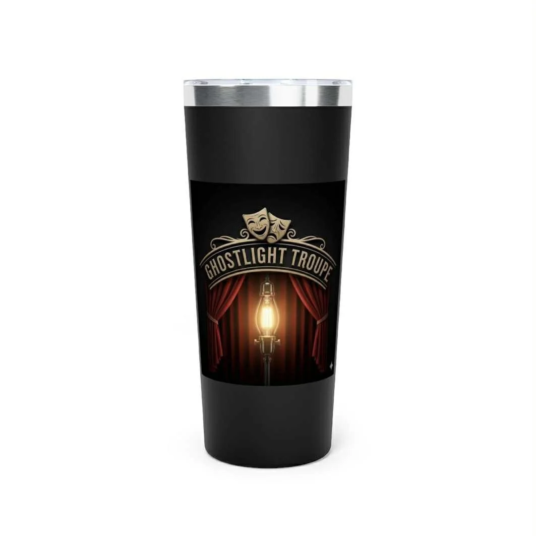 Travel mug with a theater-themed design, featuring red curtains, the words "Ghostlight Troupe," and a vintage lantern.
