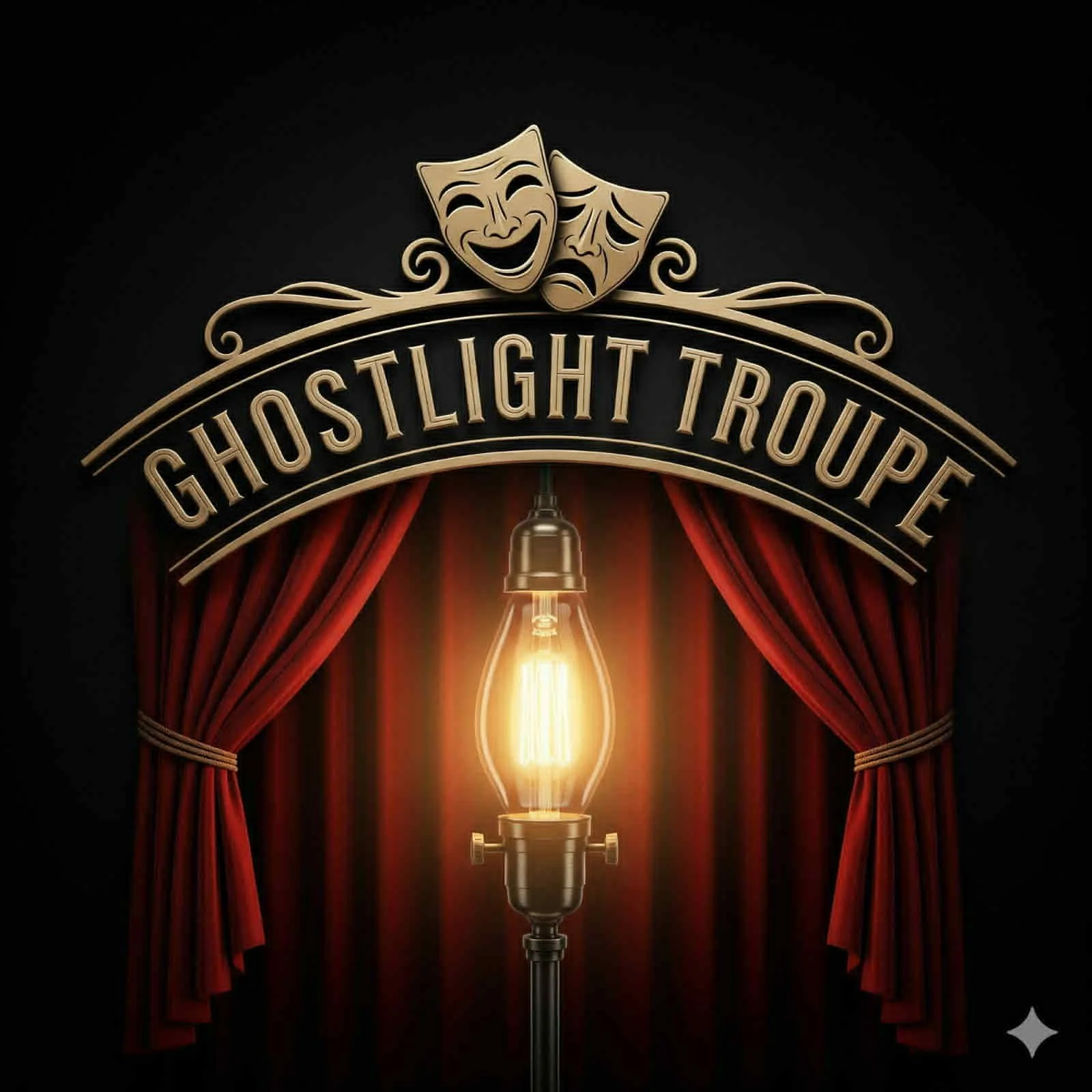 Poster for Ghostlight Theatre troupe featuring red curtains, a lit vintage lamp, and comedy and tragedy masks above the troupe's name.