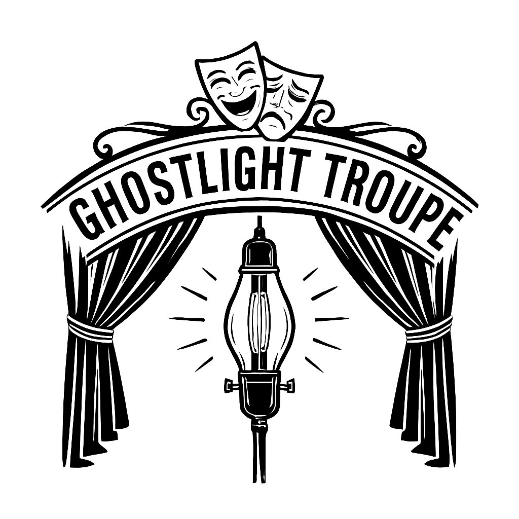 Black and white logo for Ghostlight Troupe featuring comedy and tragedy masks above a stage with curtains and a spotlight.