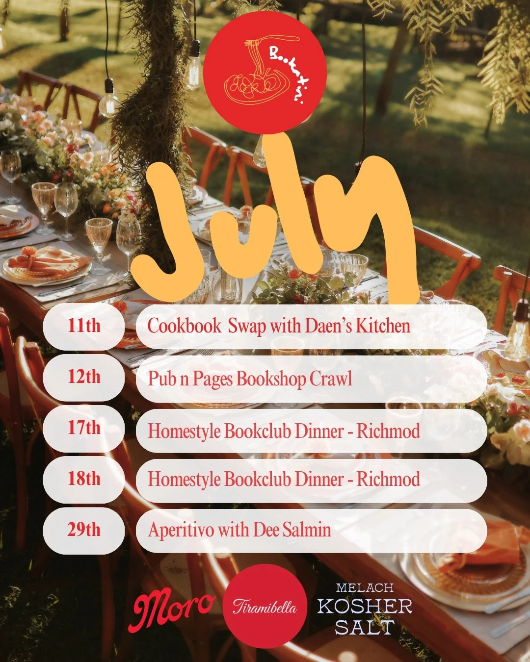 JULY!!!🍝🍝🍝 Cookboks and pubs and pages oh my!

🫒 We&rsquo;ll kick off the month strong with our first (hopefully of many) Cookbook Swap with @daenskitchen👩🏻&zwj;🍳 Think of this is a book swap.. but make it edible! Everyone will bring a plate t
