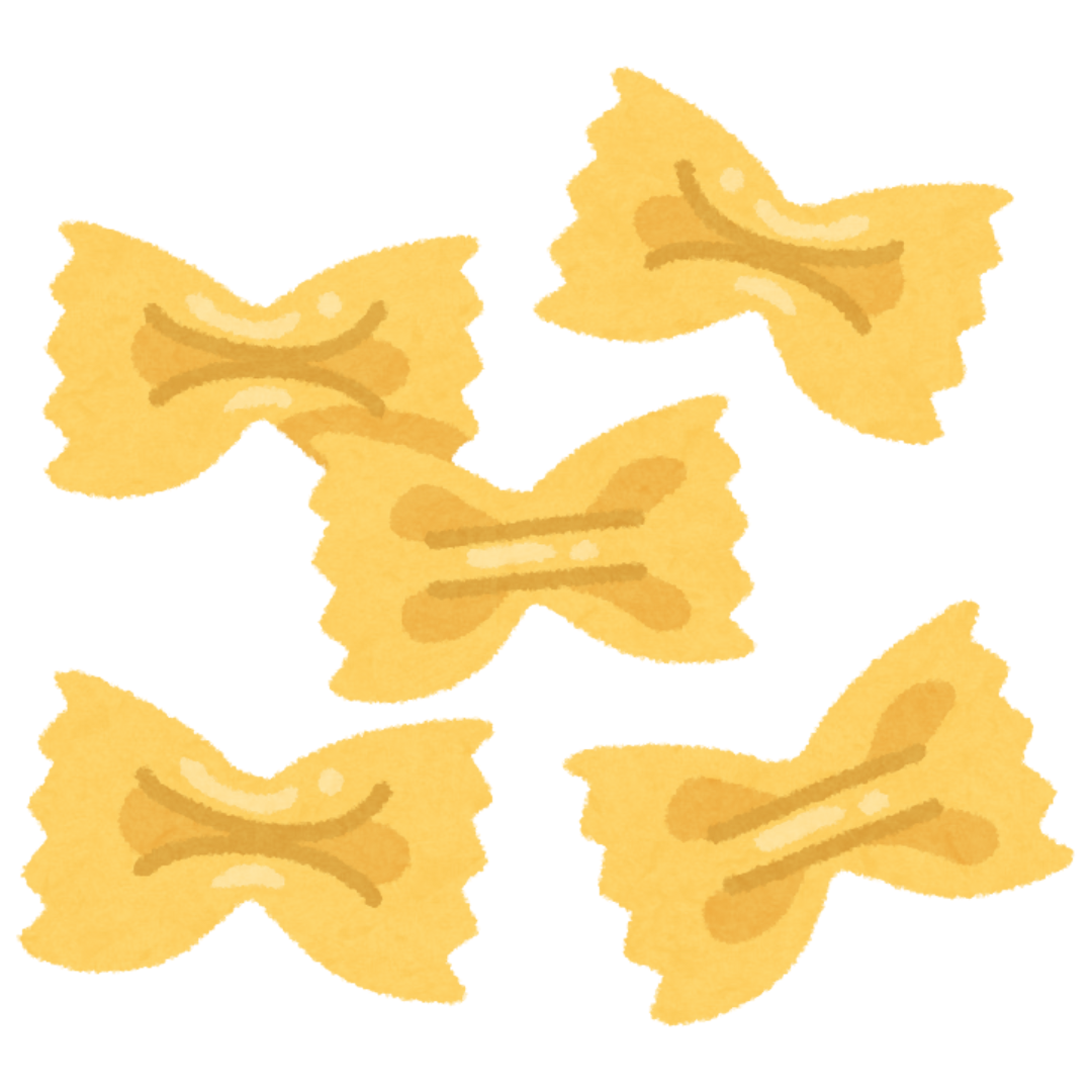 Four pieces of uncooked pasta with a bowtie shape and a light yellow color.