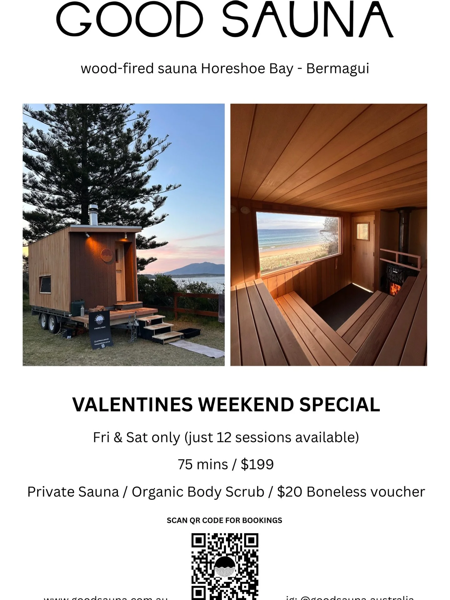This Friday &amp; Saturday only.

It&rsquo;s a 3 piece deal. Private Sauna, Body Scrub by @oshenbermagui &amp; a gift voucher for @bonelesscafe and 75mins to relax, sweat, scrub, rinse &amp; repeat.
$199