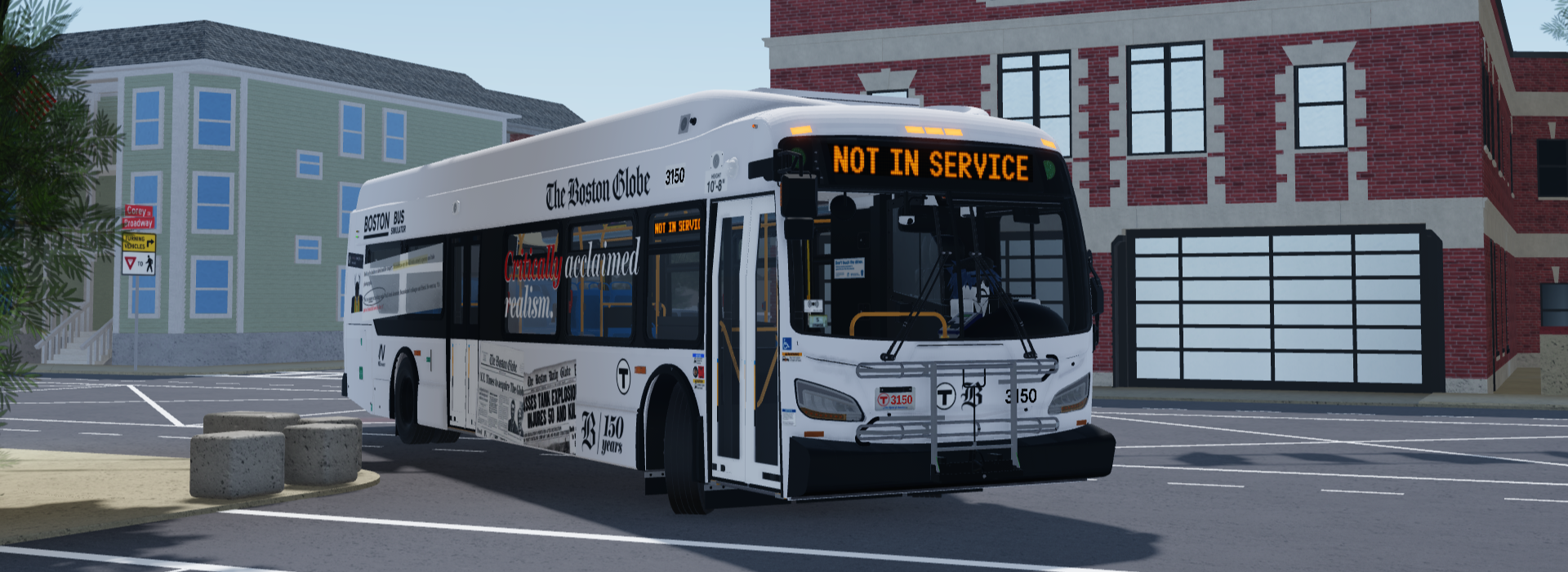 A Boston bus parked in a lot with a sign on the dashboard reading "NOT IN SERVICE".