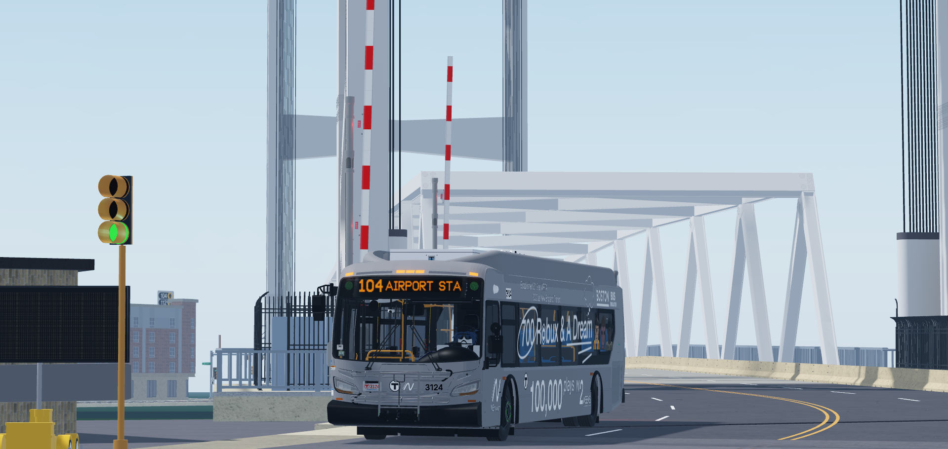 A city bus with digital sign showing route 104 to the airport, driving on a curved road near a city bridge with red and white barriers, a green traffic light, and buildings in the background.