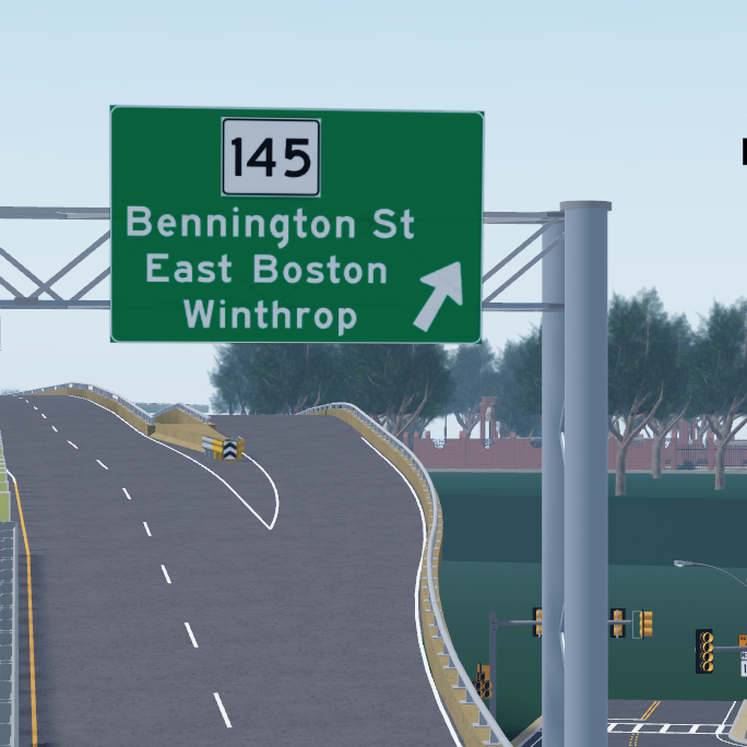 Road signs indicating directions to Bennington Street, East Boston, and Winthrop, with an upward and right arrow sign galover.