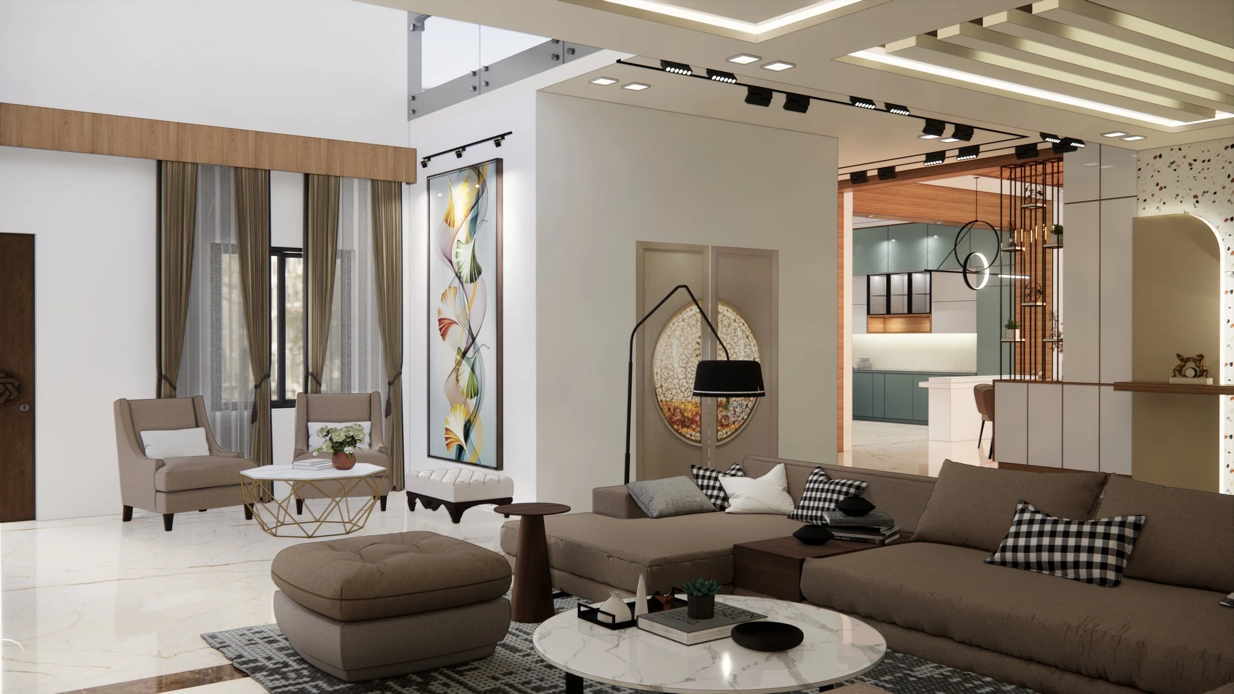 Modern living room with beige sofa, ottoman, armchairs, marble coffee table, floor lamp, abstract artwork, large windows with curtains, and open kitchen area in the background.