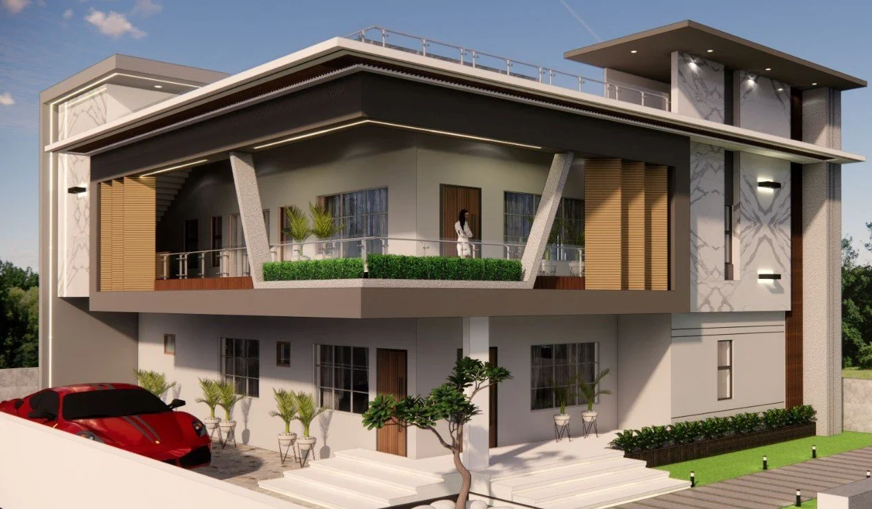 Modern two-story house with a balcony, lush green plants, and a red sports car parked in front.