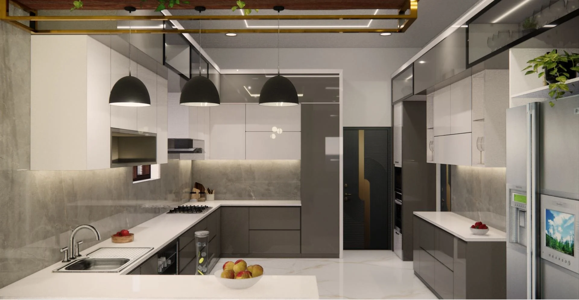 Modern kitchen with white and gray cabinets, black pendant lights, marble backsplash, and stainless steel appliances. There are fresh apples on the counter and in a bowl, with some tomatoes on a plate.
