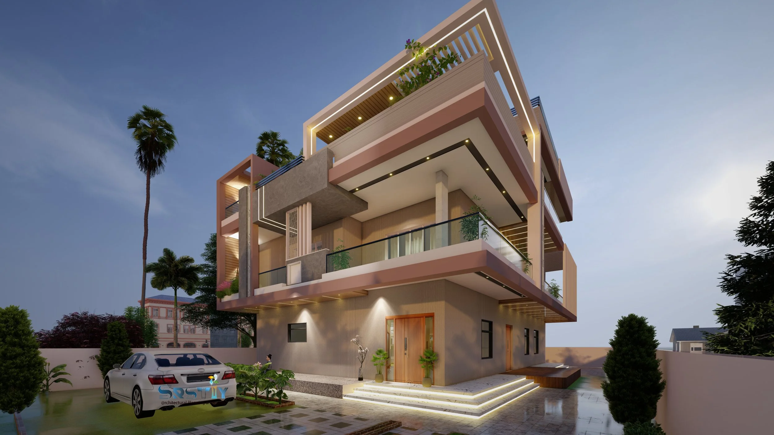 Modern multi-story house with large balconies, palm trees, and a parked white car in front, illuminated at dusk.