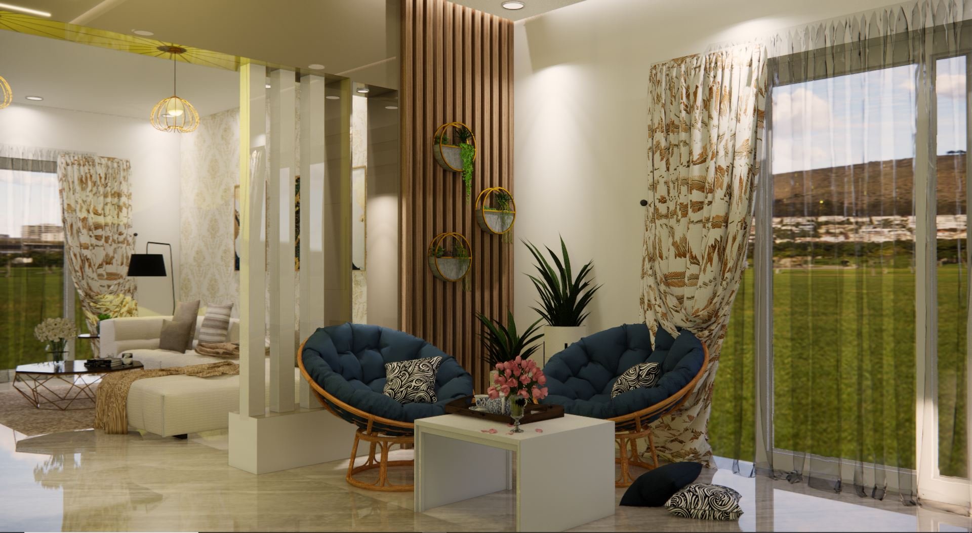 Living room with large windows, floral curtains, two blue cushioned chairs, a white side table with pink flowers, a potted plant, and decorative wall shelves.