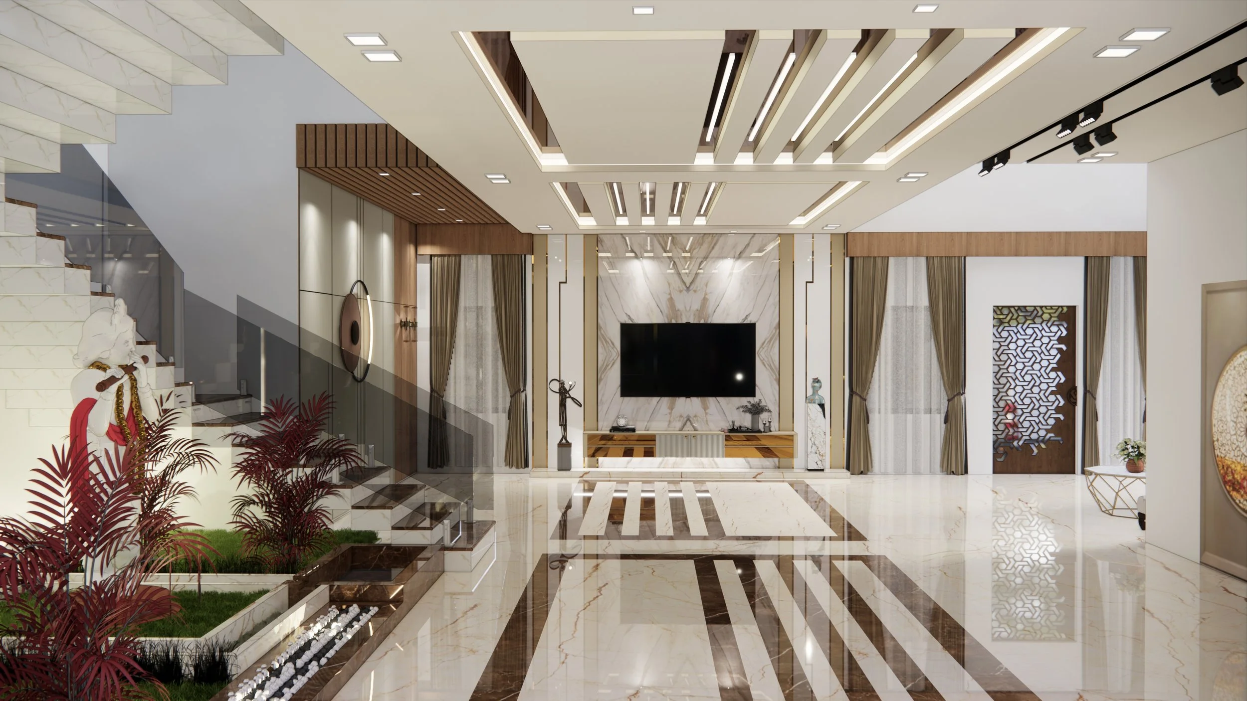 Luxurious living room with marble floors, a modern TV wall, and decorative ceiling and wall accents. Features curtains, indoor plants, and sculptures, with a staircase on the left and a striking door on the right.