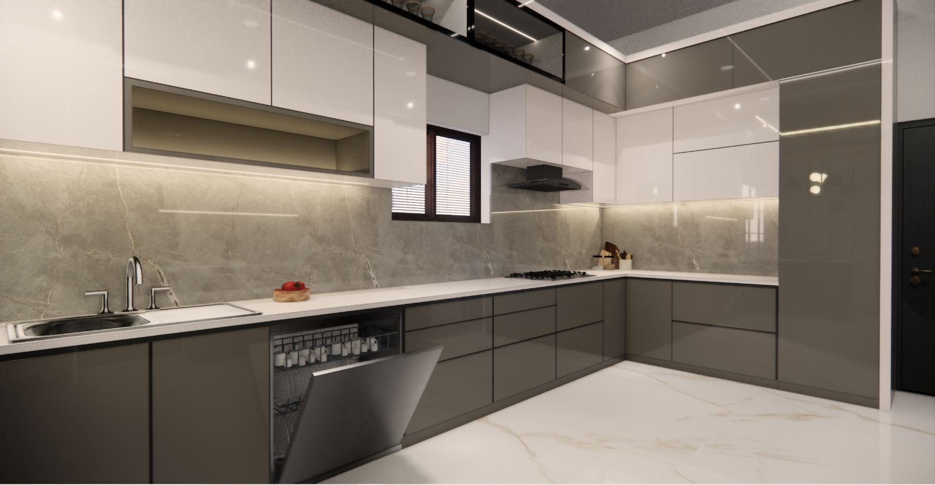 Modern kitchen with gray lower cabinets, white upper cabinets, marble backsplash, built-in dishwasher, and a stove with a black range hood. The room features a small window with blinds and a high ceiling with glass panels.