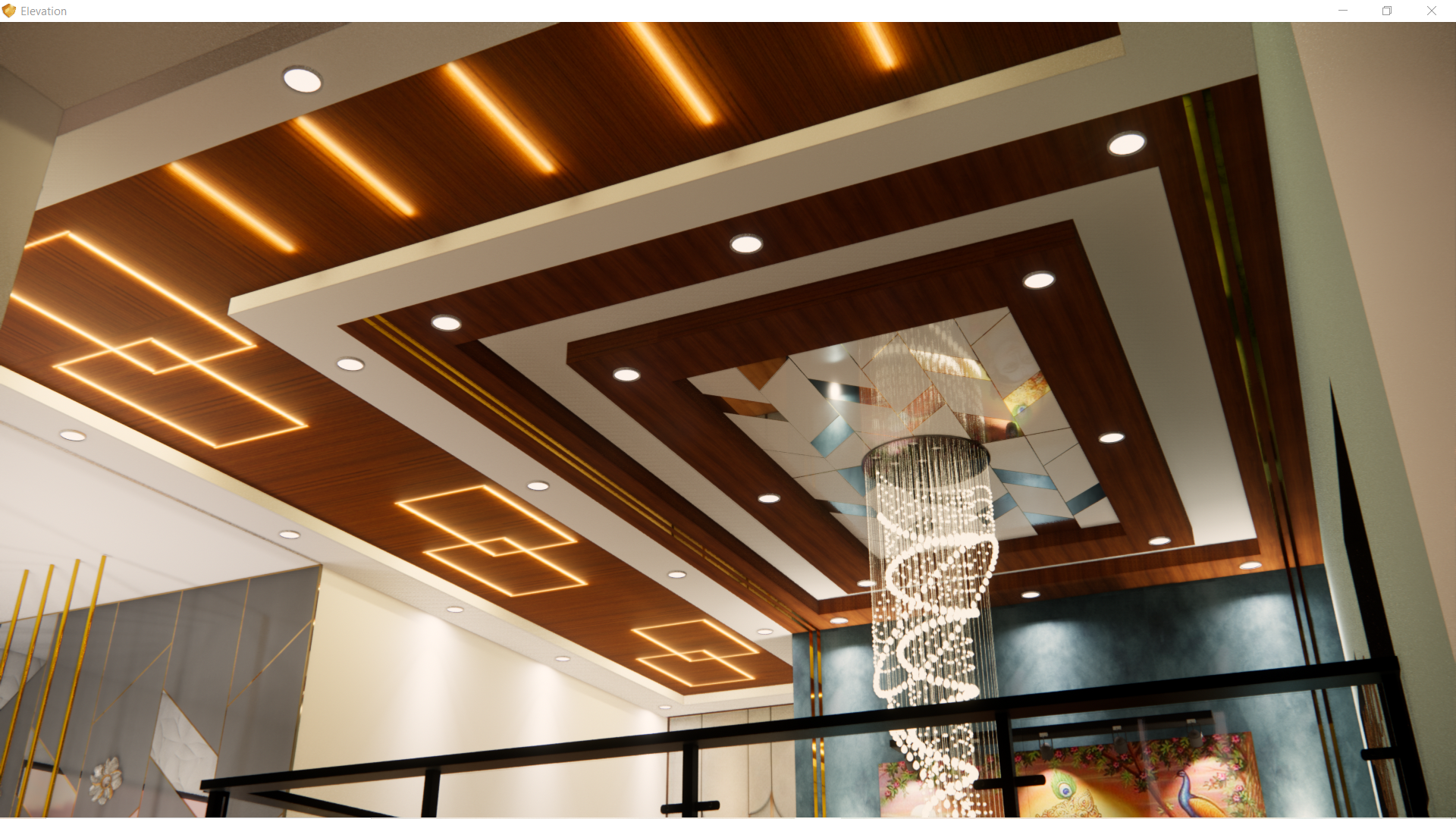 Ceiling with modern wood paneling, integrated lighting, and a large, decorative chandelier with hanging crystals in a contemporary interior space.