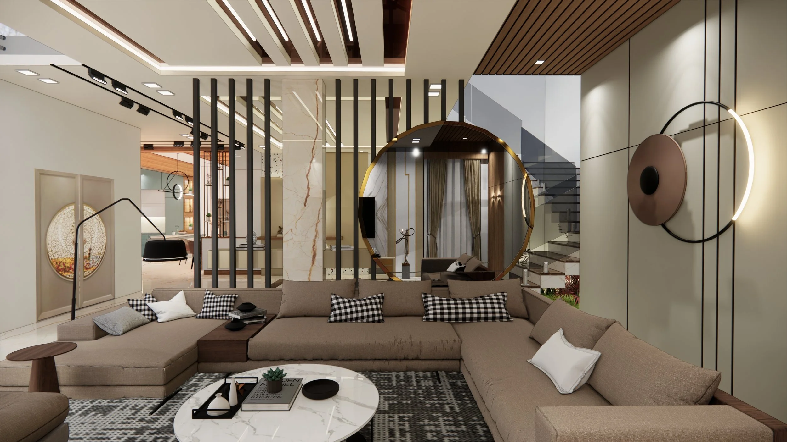 Modern living room with beige sectional sofa decorated with checked and white pillows, a round marble coffee table set with decor items, a patterned rug, and contemporary wall art and lighting.