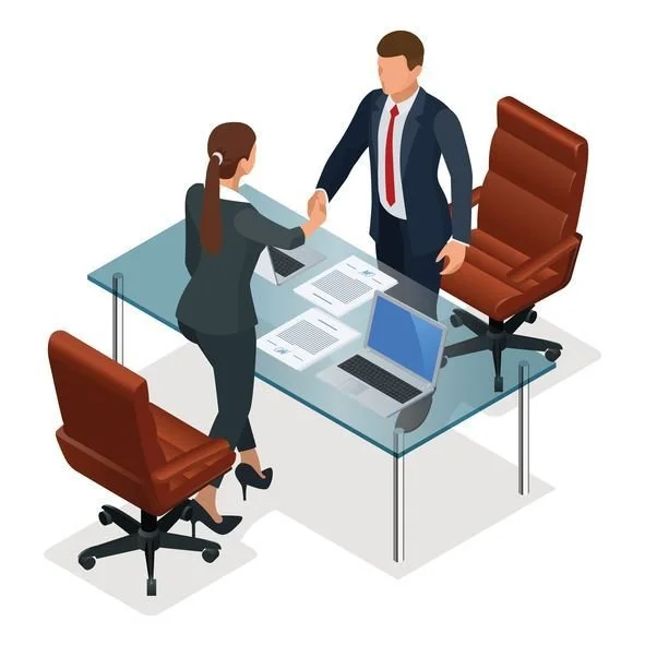 A woman and man shaking hands across a glass desk in an office, with two brown office chairs, laptops, and documents.
