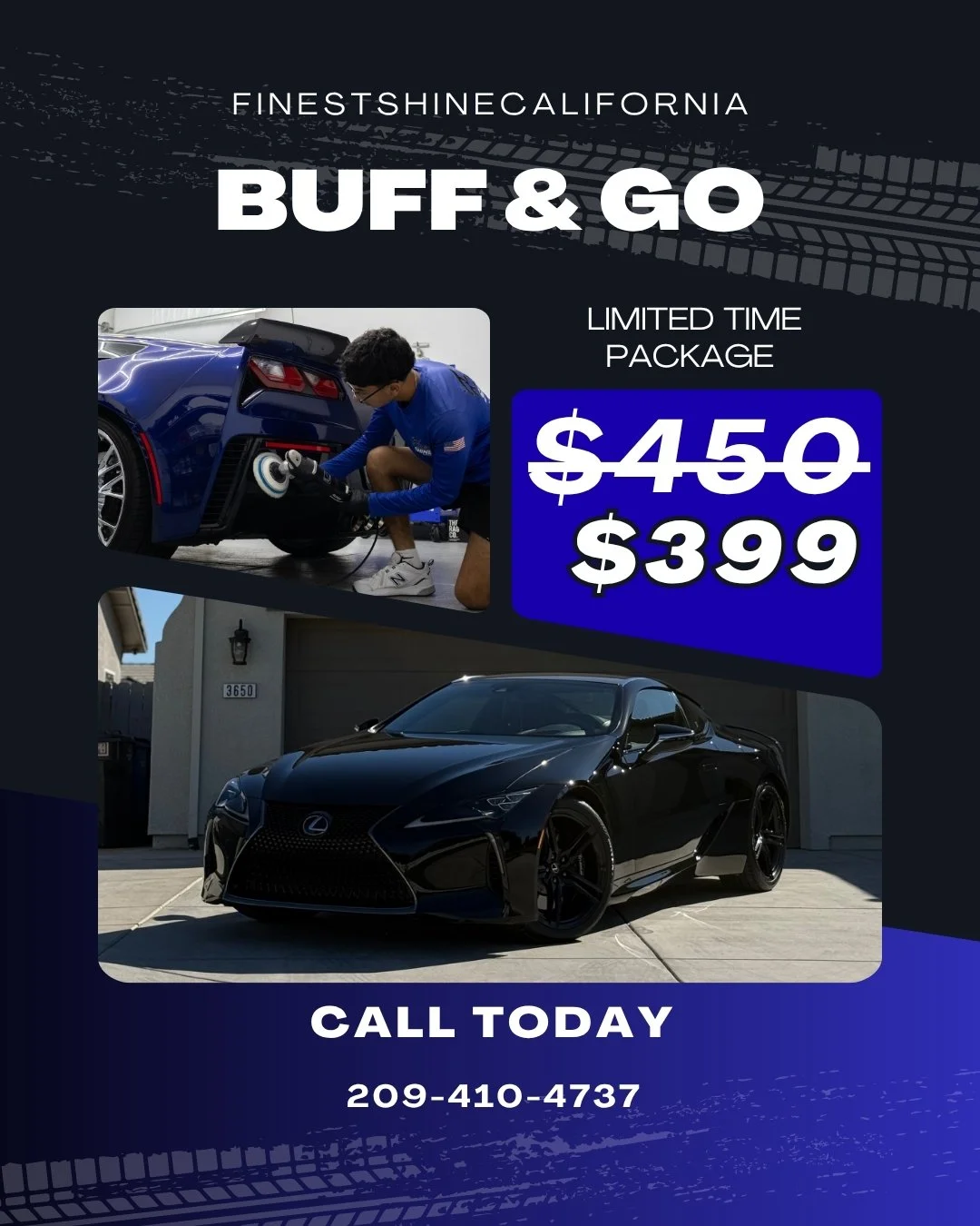 Give your ride a quick refresh with our Buff & Go package! For a limited time only this service includes a full decontamination wash and a light machine polish to remove minor surface imperfections, restore gloss, and enhance shine all at a more affo