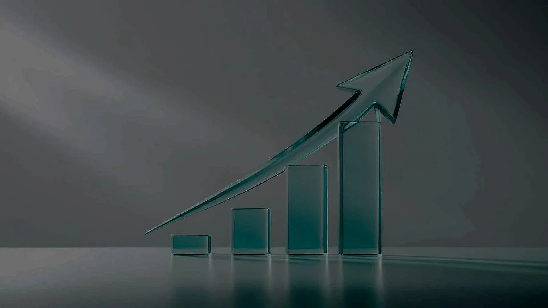 Glass bar graph with four ascending bars and a rising arrow on top, illustrating growth or success.