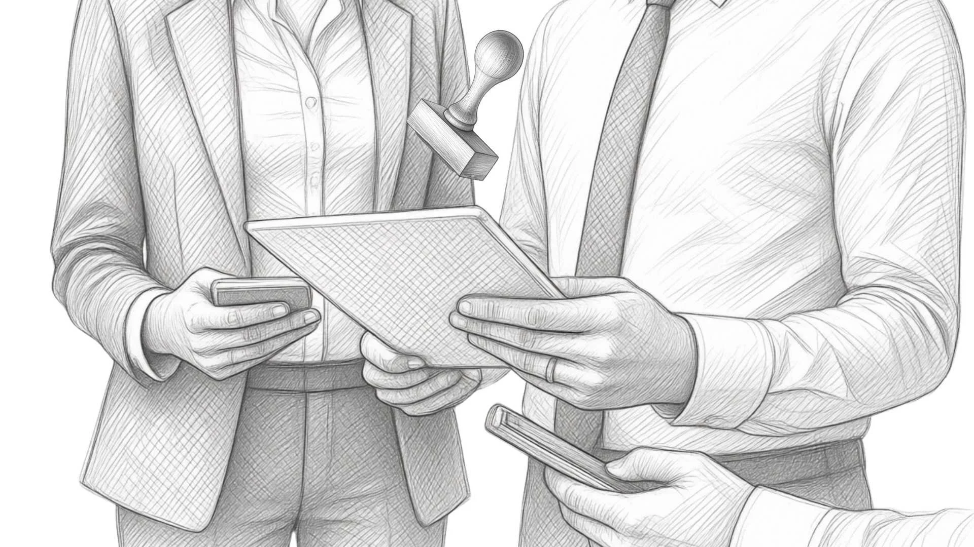 Businesspeople in suits holding a tablet and smartphones, with a stamp hovering above one of the devices.